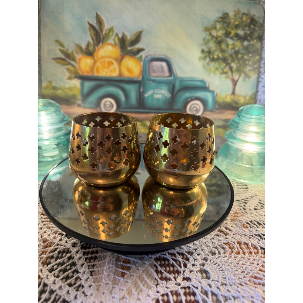 Vintage Brass Votive Candle Holder Set of 2 Quatrefoil Cutout Boho Decor Gold